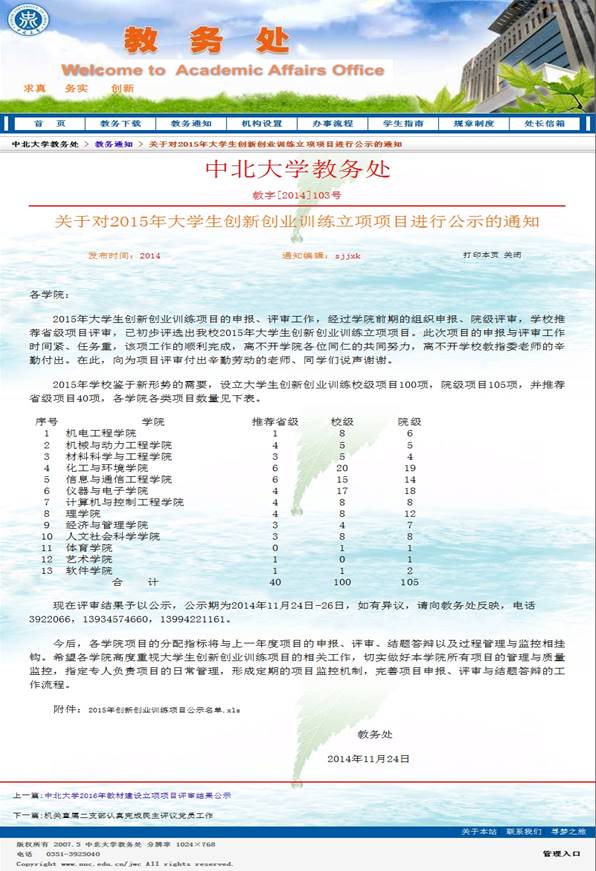 关于对2015年大学生创新创业训练立项项目进行公示的通知中北大学教务处